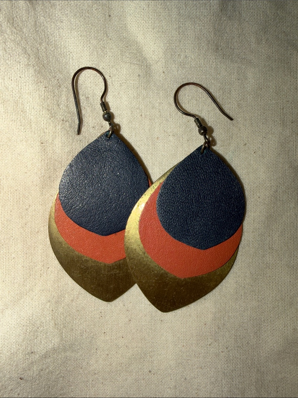 Noonday Collection Layered Teardrop Leather & Metal Earrings - Navy, Coral, Gold